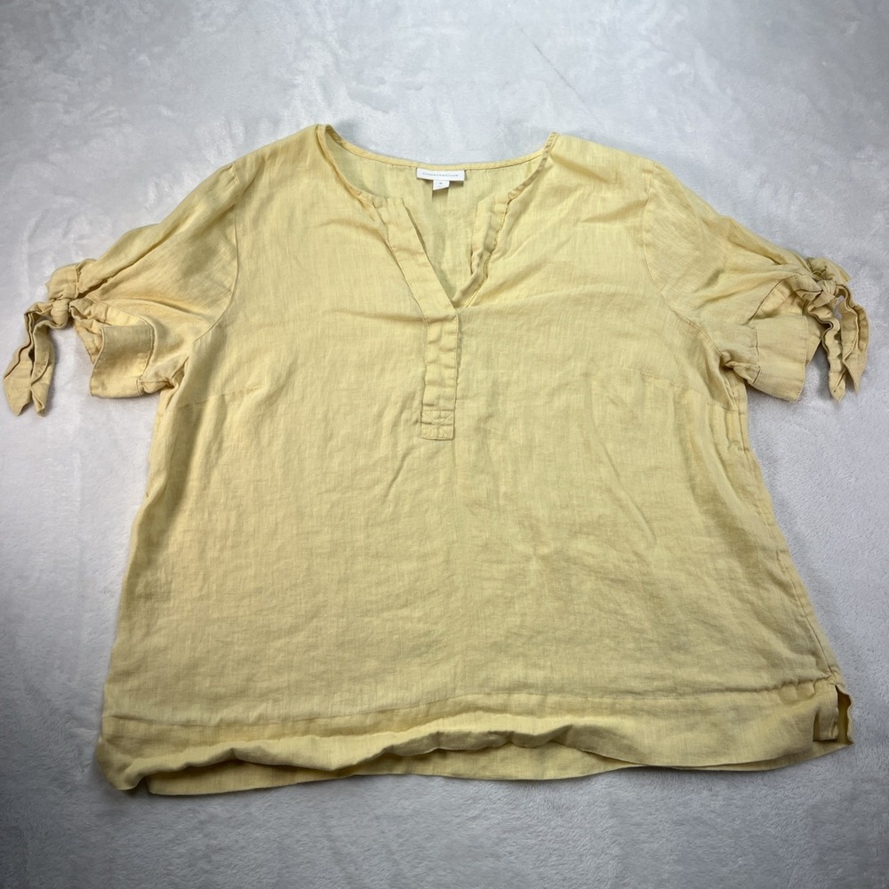 Charters Club Linen Top Womens XL Vneck Yellow Tie Sleeve Coastal‎ Summer